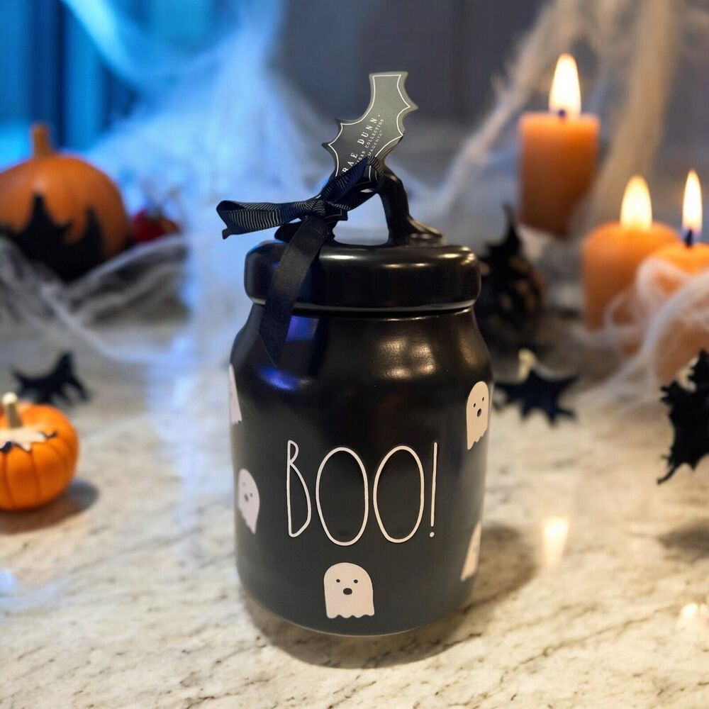Rae Dunn BOO Cute Ghosts Black / White Halloween Canister  Candy Jar Viral Ghost